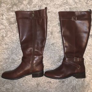 Brown, all leather, wide calf riding boots